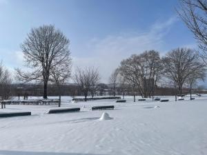 a park covered in snow with benches and trees at HOTEL AMANEK Asahikawa in Asahikawa