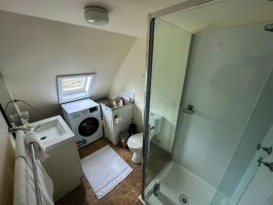a bathroom with a shower and a toilet and a sink at Blue Monkey Mountains in Newnes Junction
