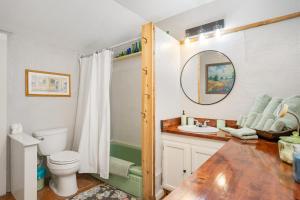 a bathroom with a toilet and a sink and a mirror at Guadalupe Getaway in Kerrville +42 photos