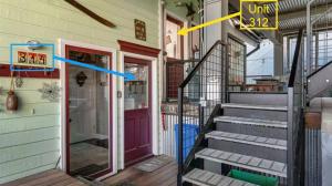 a front porch of a house with a purple door at Ridge Home Multi-level with PC Views Ski Trail in Park City