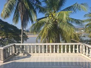 a white bridge with a palm tree and water at Khopchai Guesthouse in Ban Houayxay +38 photos