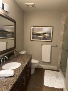 a bathroom with a sink and a toilet and a mirror at Ride and Climb Lodge in Squamish +22 photos
