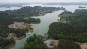 an aerial view of a lake with trees at Small Cabin Over Garage with lake access and small dock in Sevierville