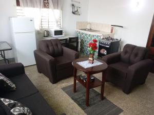 a living room with two couches and a table with flowers at Belretiro Cottage in Bel Retiro