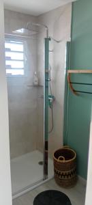 a shower with a glass door in a bathroom at bambou studio in Les Avirons
