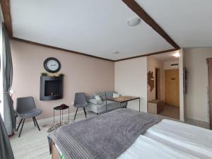 a bedroom with a bed and a tv and a couch at Premium StudioApartment in Borovets Gardens in Borovets