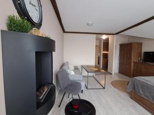 a living room with a fireplace and a clock on the wall at Premium StudioApartment in Borovets Gardens in Borovets