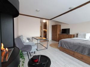 a bedroom with a bed and a couch and a tv at Premium StudioApartment in Borovets Gardens in Borovets +20 photos