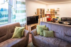 a living room with two couches and a flat screen tv at Traumferienhaus XXL Ortner in Wetzendorf