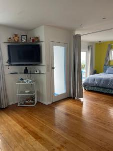 a bedroom with a bed and a flat screen tv at Breaker Bay Paradise in Wellington