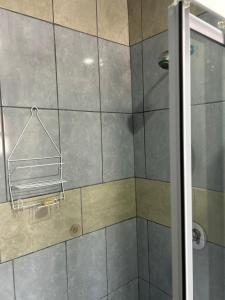 a bathroom with a shower with a towel rack at Entire rental unit in Pretoria +16 photos