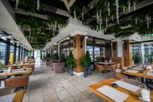 a restaurant with tables and chairs and potted plants at Verde by Hotel Gabriela in Vişeu de Sus
