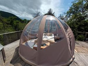 a glass dome sitting on top of a wooden deck at Bulle en bois sous les étoiles in Champfromier