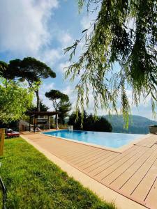 a swimming pool in the grass next to a house at Beit Colette in Beït ed Dîne