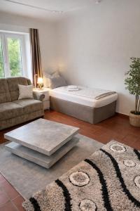 a living room with a bed and a couch at Zimmer & Apartments Wolfsberg C2 in Wolfsberg