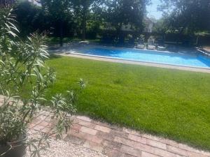 a yard with a swimming pool with chairs and grass at Charlie porta in Abádszalók