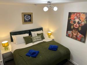 a bedroom with a bed with two blue pillows on it at Victoria Maidstone Tranquil Retreat in Maidstone