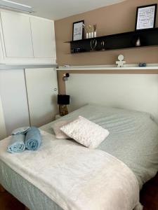 a bed with two pillows on it in a room at Studio face au château de Thy in Thy-le-Château