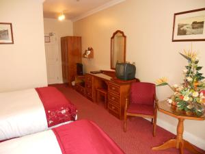 
a hotel room with a couch, chair, table and a television at Rhu Glenn Hotel in Waterford
