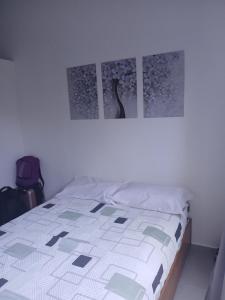 a bed in a bedroom with two pictures on the wall at Kitinete encantadora in Arraial do Cabo