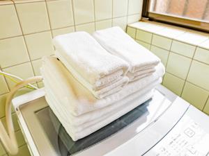 a stack of towels sitting on top of a washer at The M HONMACHI in Nakatsugawa +30 photos