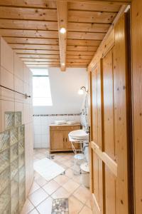 a bathroom with a shower and a sink and a toilet at Haunzwickl Ferienhaus in Mürzzuschlag