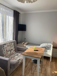 a living room with a couch and a table at Agroturystyka u Witka in Brynica Mokra
