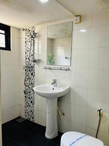 a bathroom with a sink and a mirror and a toilet at VILLA No34 HIKKADUWA in Hikkaduwa +39 photos