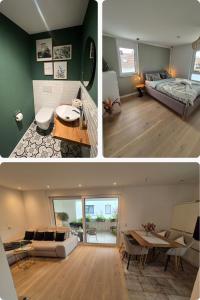 two pictures of a living room and a bedroom at FeWo Bodensee Base in Rielasingen-Worblingen