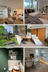 a collage of four pictures of a living room at FeWo Bodensee Base in Rielasingen-Worblingen