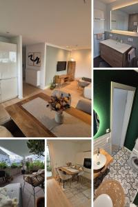 a collage of photos of a living room and a kitchen at FeWo Bodensee Base in Rielasingen-Worblingen