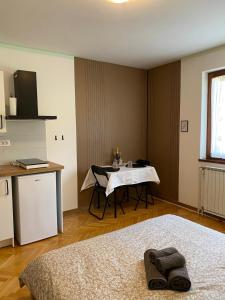 a room with a bed and a table and a kitchen at 4 Roses Residence VRTNICA in Sečovlje