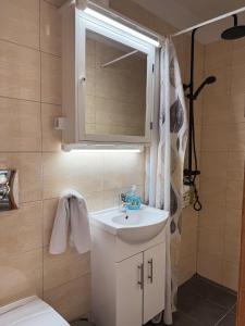 a bathroom with a sink and a mirror at BSG Apartments in Selfoss