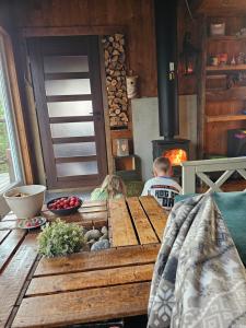 a child sitting at a table in a kitchen with a stove at Gluba Treetop Cabins Furunåla in Harkmark