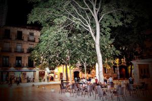 a group of tables and chairs under a tree at 18 Torres in Zaragoza