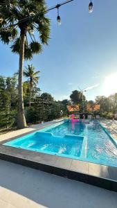 a large blue swimming pool with chairs and a palm tree at NICHA Cafe' & Resort in Ban Thap Chek Ha