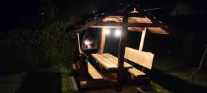 a dog sitting in a dog house at night at Chata Venus in Bóbrka