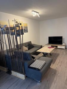 ein Wohnzimmer mit Sofa und Fernseher in der Unterkunft Apartment Simone in Lörrach