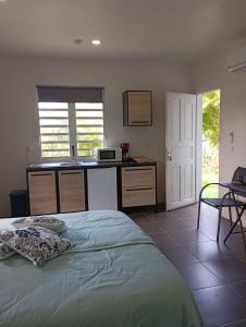 a bedroom with a bed and a kitchen with a microwave at Studio CARAIBE in Saint-François