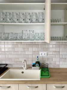 a kitchen with a sink and glasses on shelves at Villa J'adore in Crasna