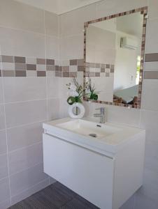 a white bathroom with a sink and a mirror at Studio CARAIBE in Saint-François