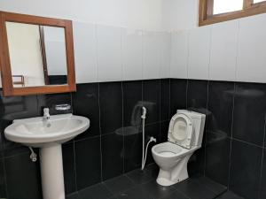 a bathroom with a sink and a toilet and a mirror at New Wasala Guest in Diyatalawa