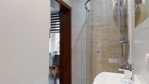 a bathroom with a shower and a toilet and a sink at Studio Fibra Dolce in Rybnik