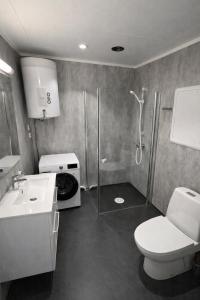 a bathroom with a shower and a toilet and a sink at Arctic Sea Apartments in Hammerfest +12 photos