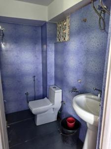 a blue bathroom with a toilet and a sink at Petratos Homestay in Kalimpong