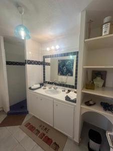 a bathroom with a sink and a mirror at LEN'HOUSE in Oyster Pond +36 photos