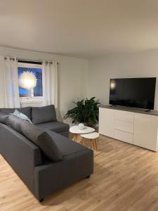 a living room with a couch and a flat screen tv at Sentrumsnær sokkelleilighet in Svolvær