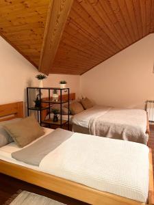 two beds in a room with a wooden ceiling at Studio Apartment Žafran in Smoljanac
