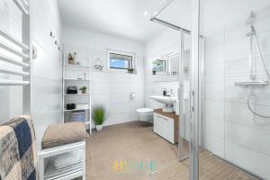 a bathroom with a shower and a toilet and a sink at Lodge 18 in Olpenitz