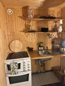 a kitchen with a stove and a sink at Tiny house at Enhrna in Enhörna +9 photos